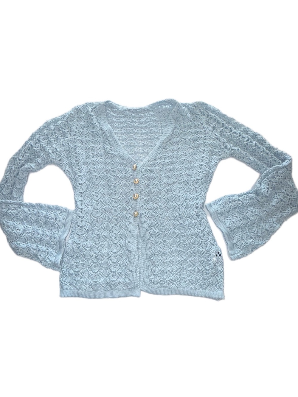 CBR Light Blue Bell Sleeve Crochet Knit Cardigan Size Small Boho 3 Button - Picture 3 of 9